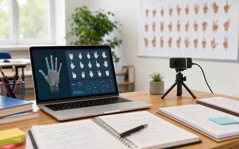 Illustration d’une IA analysant des gestes en American Sign Language devant une webcam