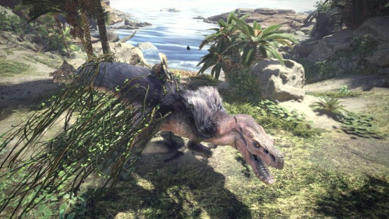 Monster Hunter World et ses chasseurs face à un monstre imposant