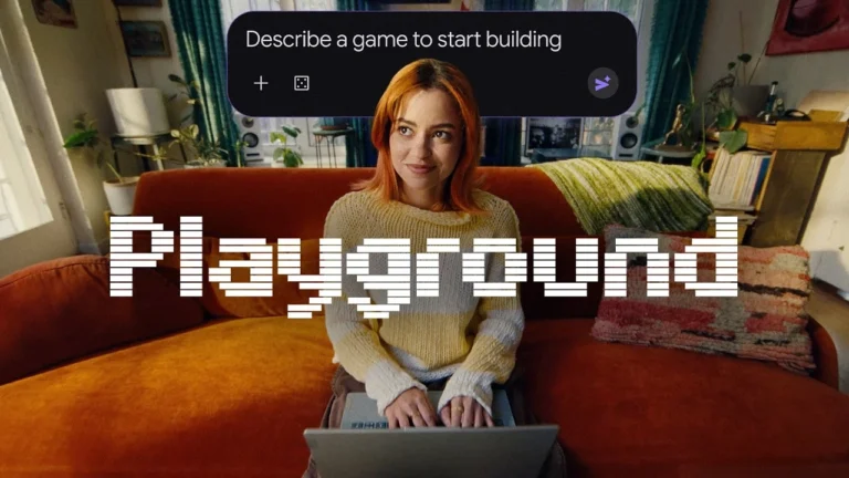 Une jeune femme assise sur un canapé orange avec un ordinateur portable, devant le logo Playground de Google