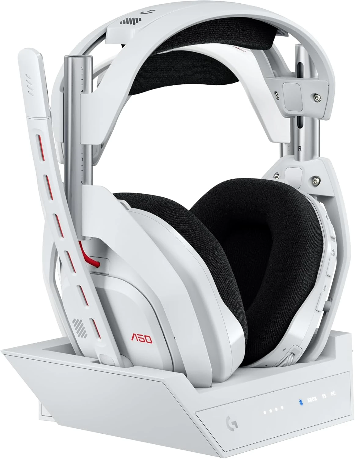 Casque gaming sans-fil Logitech G Astro A50 Gen 5 blanc sur sa station d'accueil