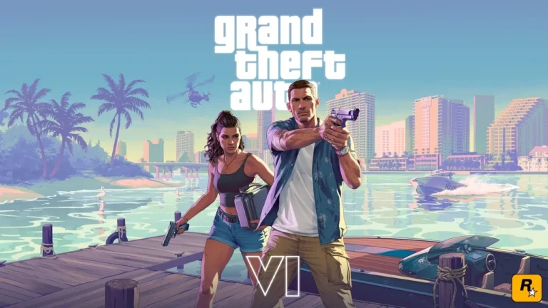 Jason et Lucia armés sur un ponton face aux gratte-ciel de Vice City, visuel officiel de GTA 6
