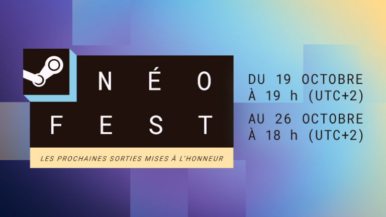 Affiche du Steam Néo Fest avec les dates du 19 au 26 octobre sur un fond dégradé bleu et violet