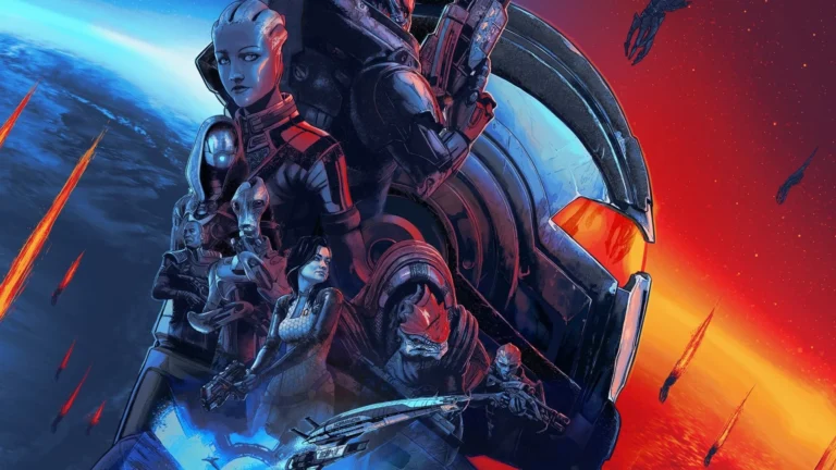 Illustration de la trilogie Mass Effect avec le Commandant Shepard, Liara, Tali et leurs compagnons devant une planète
