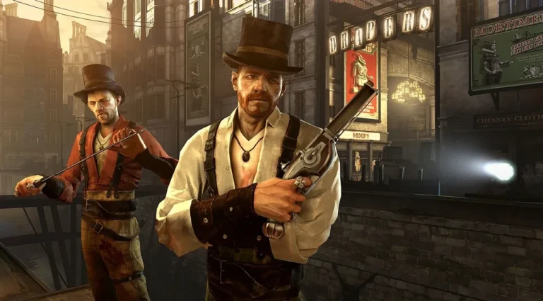 Deux hommes en haut-de-forme dans les rues de Dunwall, dans Dishonored