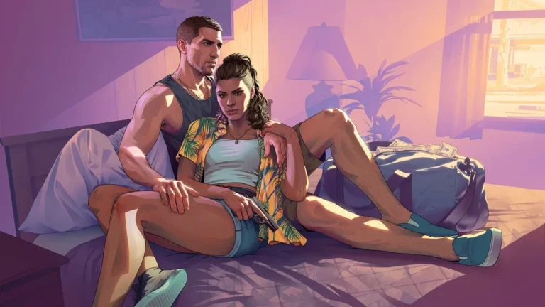 Jason et Lucia allongés sur un lit d'hôtel avec un sac plein de billets, illustration de GTA 6