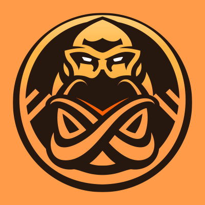Logo d'ENCE, un personnage cagoulé aux yeux blancs, sur fond orange