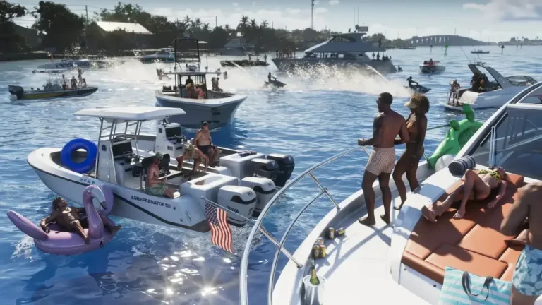 Des bateaux, des jet-skis et des baigneurs sur l'eau près d'une marina, dans GTA 6