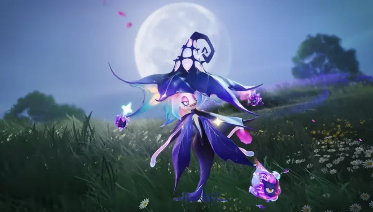 Sorcelonde, Aniimo Ténèbres/Plante en chapeau de sorcière, devant une pleine lune dans une prairie fleurie