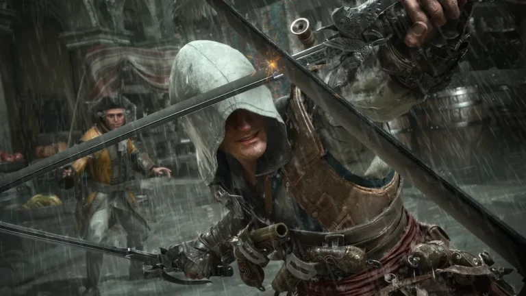 Edward Kenway sous la pluie, capuche baissée, croisant le fer avec un adversaire dans Assassin's Creed Black Flag Resynced