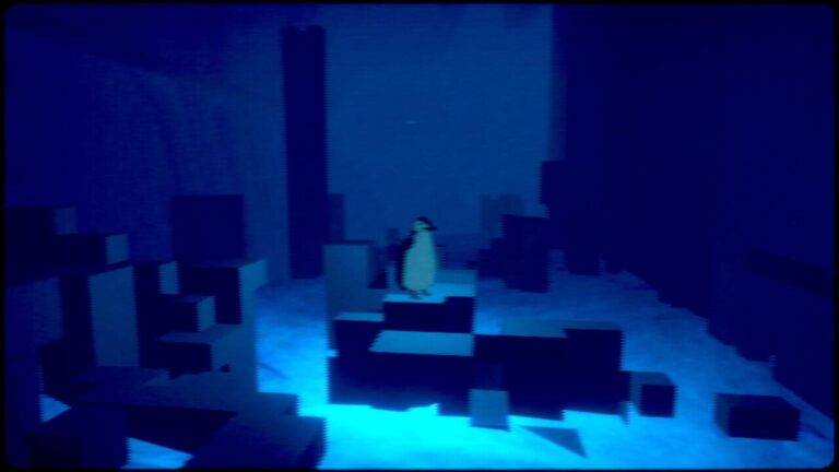 Capture de Penguin Colony montrant un manchot dans l’univers horrifique du jeu