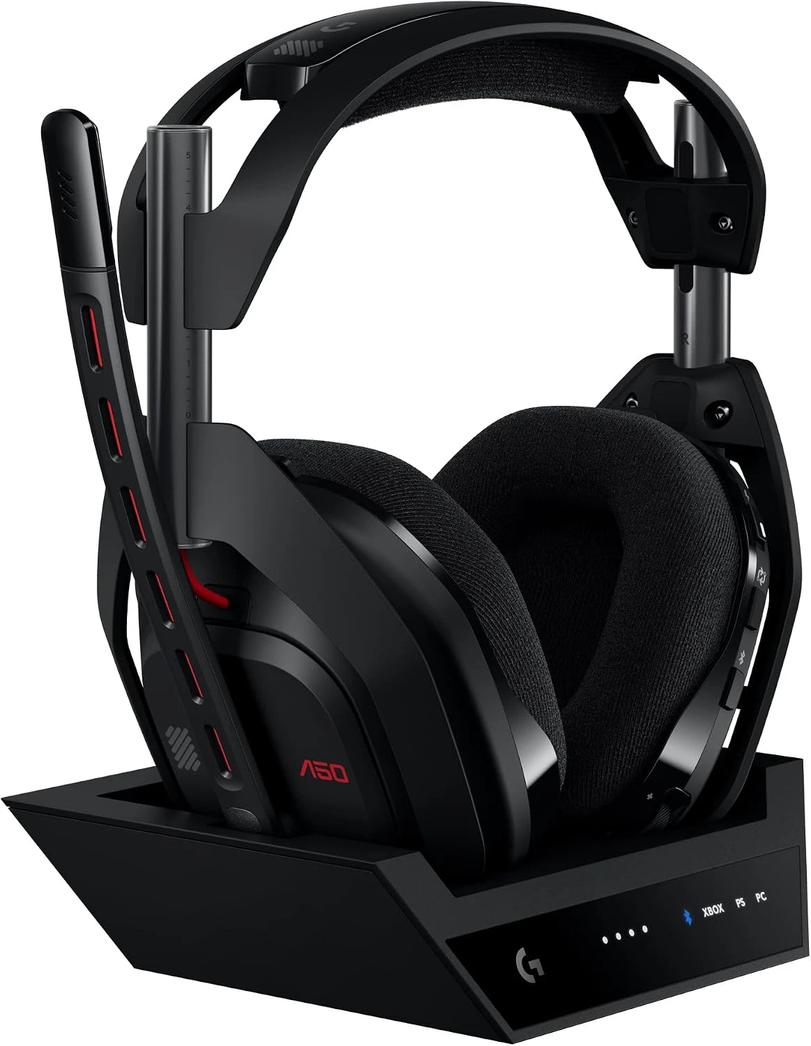 Casque gaming sans fil Logitech G Astro A50 Gen 5 noir et rouge posé sur sa station d'accueil