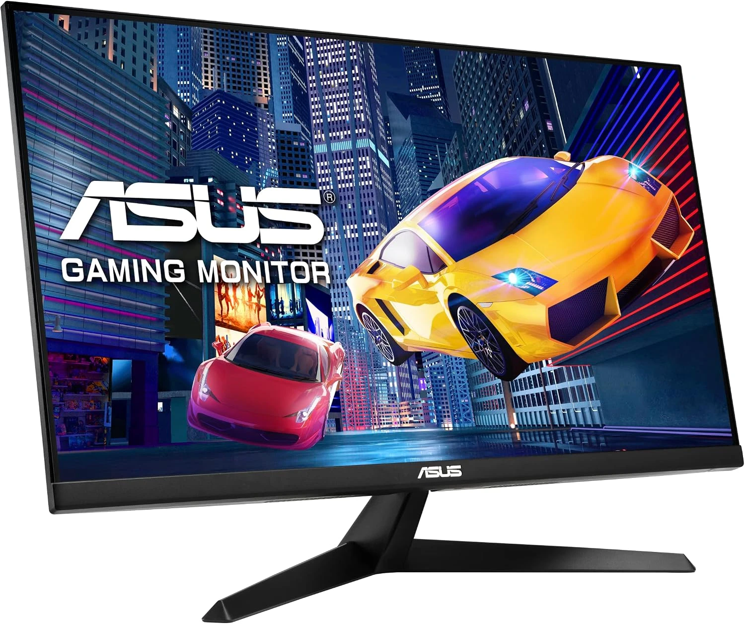 Écran ASUS VY279HG2 vu de trois quarts avec son pied noir