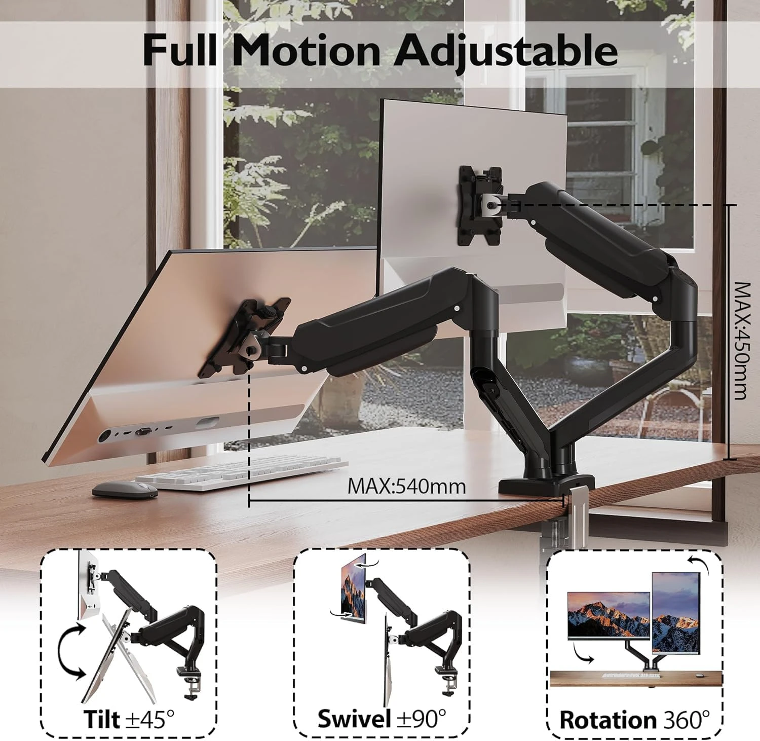 Mouvements du bras double BONTEC : inclinaison, pivotement de 90° et rotation à 360°, avec une hauteur maximale de 450 mm et une portée de 540 mm