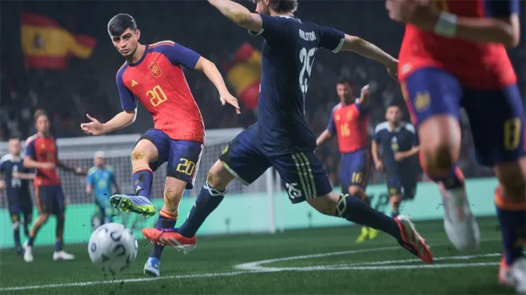 Action de jeu dans EA Sports FC 27 : un joueur espagnol frappe le ballon sous la pression d'un défenseur