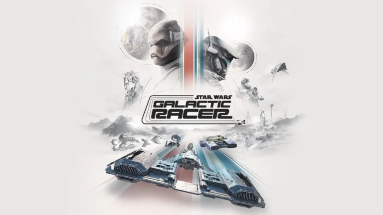 Visuel de Star Wars: Galactic Racer avec le logo du jeu et un vaisseau de course lancé à pleine vitesse