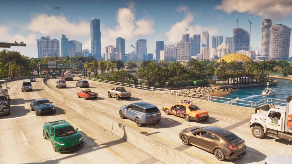 GTA 6 : autoroute dense en journée avec des dizaines de véhicules, devant les gratte-ciel de Vice City