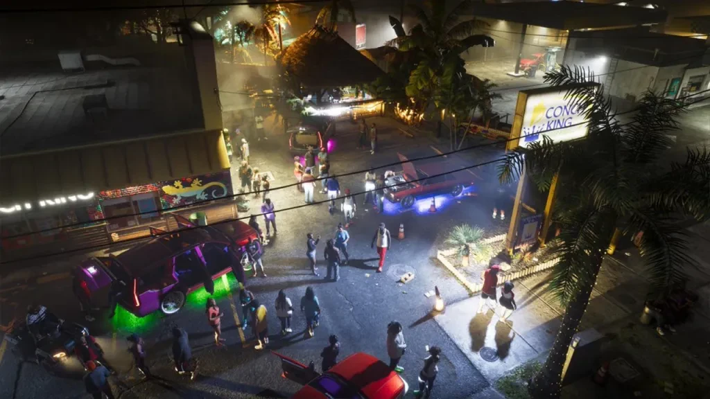 GTA 6 : rassemblement de voitures tunées la nuit, avec néons verts et violets, devant l'enseigne Conch King