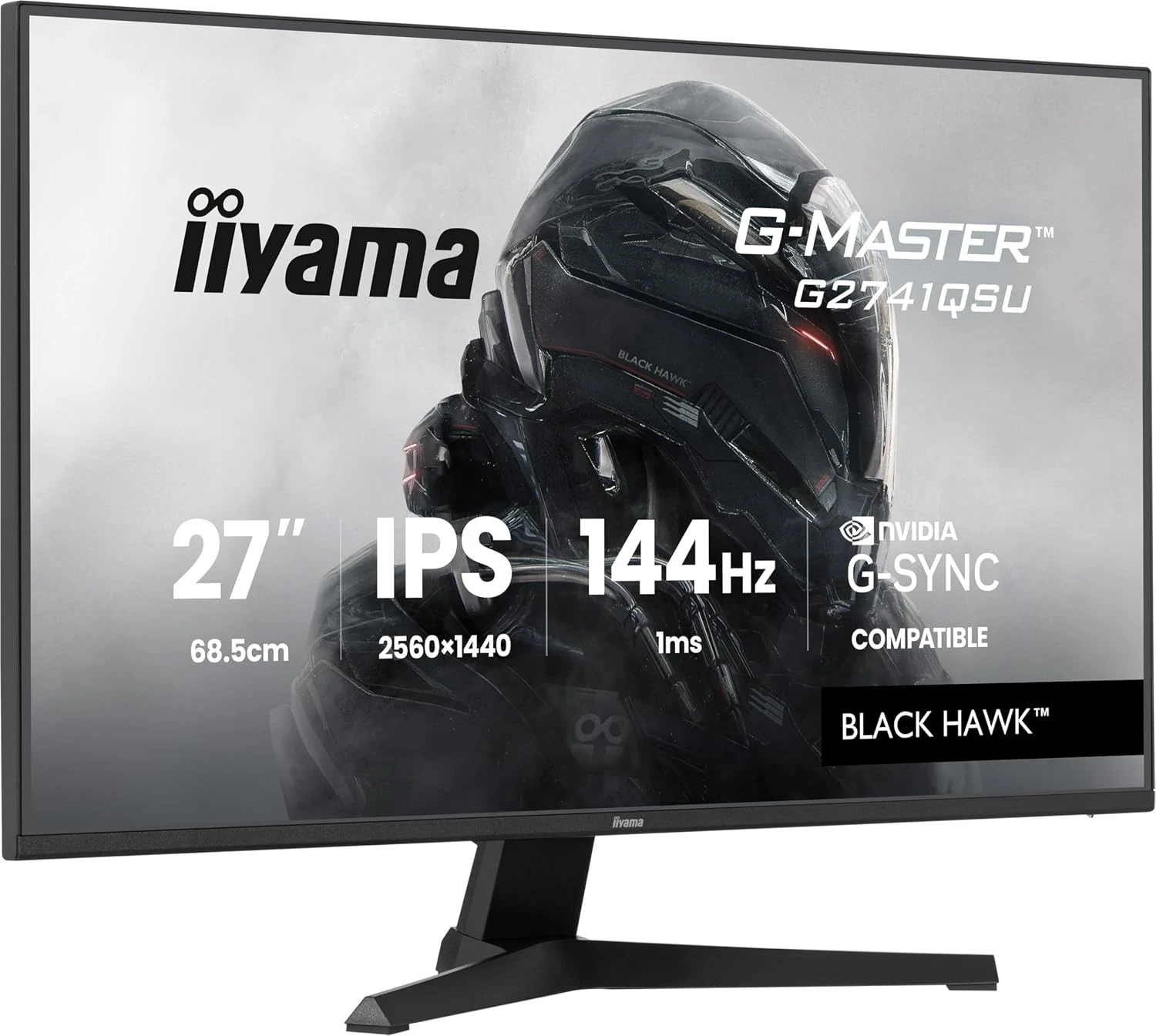 Écran iiyama G-Master Black Hawk G2741QSU vu de côté, avec son pied noir