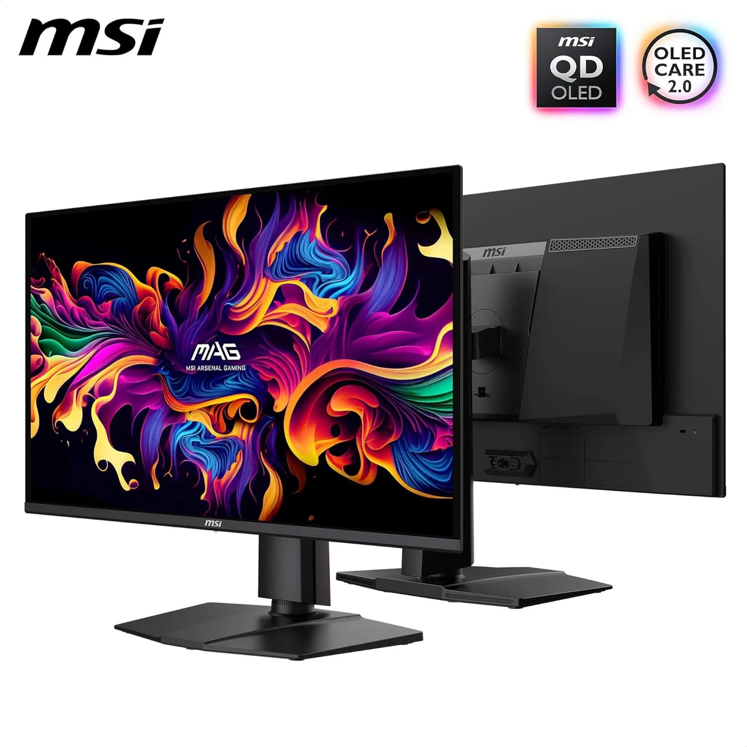 Écran MSI MAG 274QPA QD-OLED X24 vu de face et de dos, avec les logos QD-OLED et OLED Care 2.0