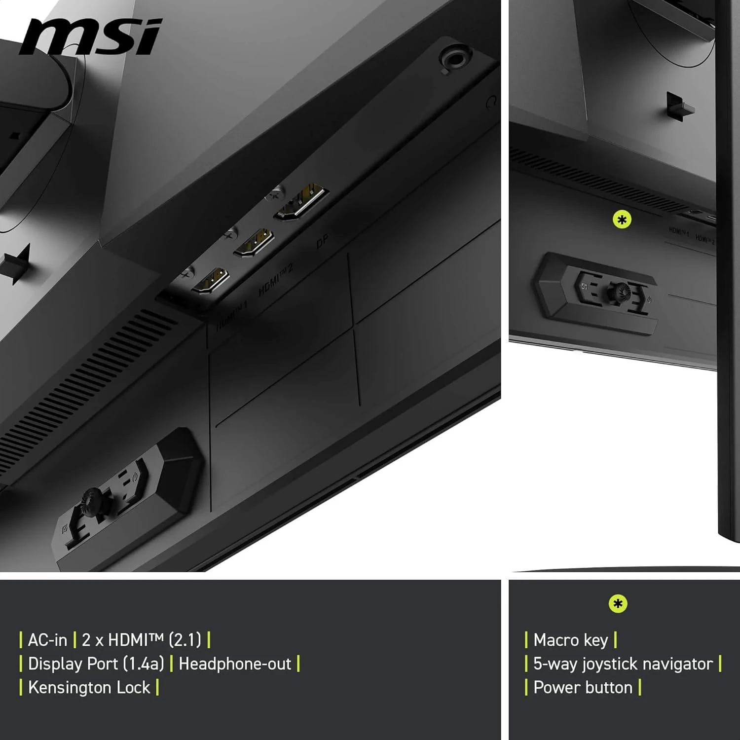 Connectique de l'écran MSI : 2 HDMI 2.1, DisplayPort 1.4a, sortie casque, touche macro et joystick