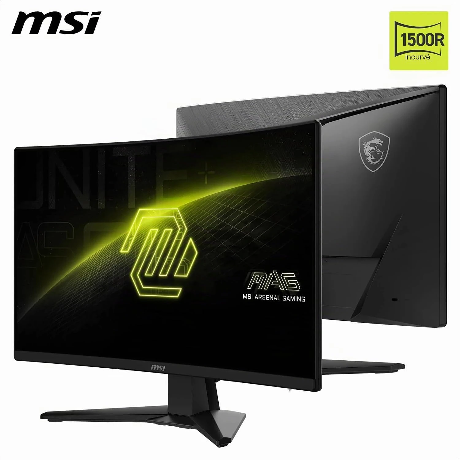 Écran MSI MAG 242CA vu de face et de dos, avec sa courbure 1500R