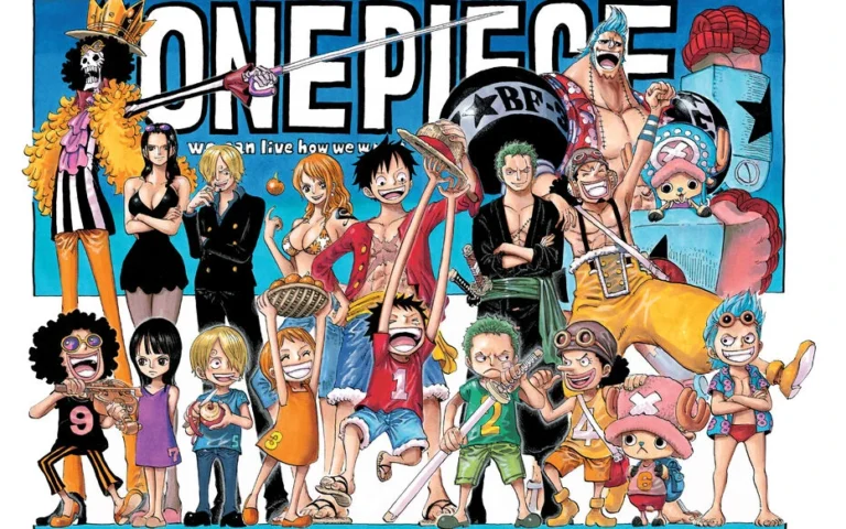 Illustration du manga One Piece : l'équipage de Luffy, adultes et enfants, devant le logo One Piece