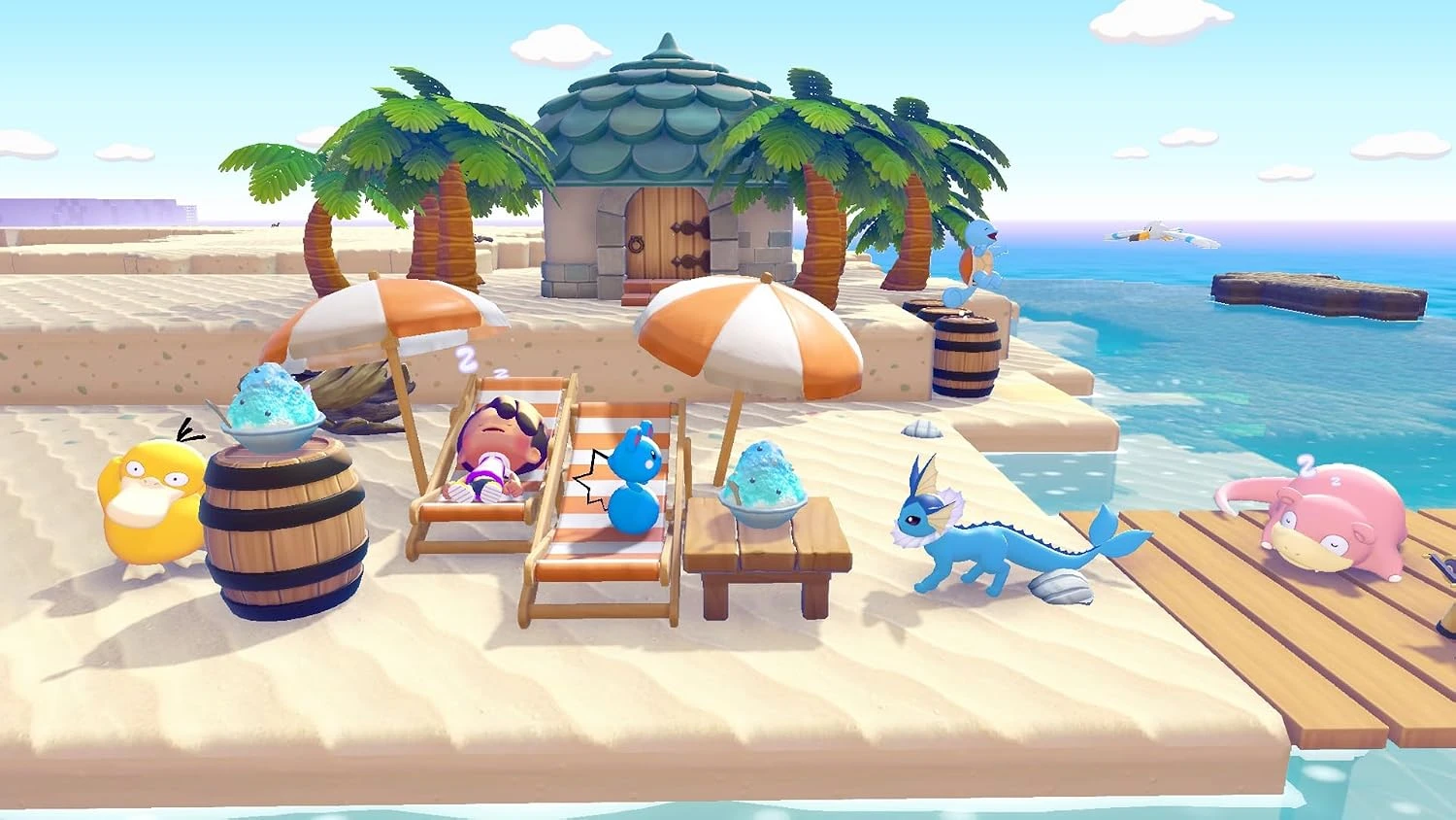 Plage de Pokémon Pokopia avec transats, parasols, un Psykokwak, un Aquali et un Ronflex endormi